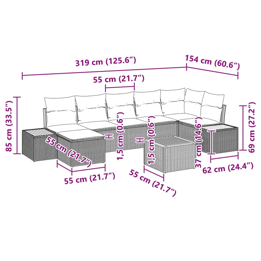 Ensemble de canapé de jardin avec coussin 8 pcs Noir Polyrotin - 15