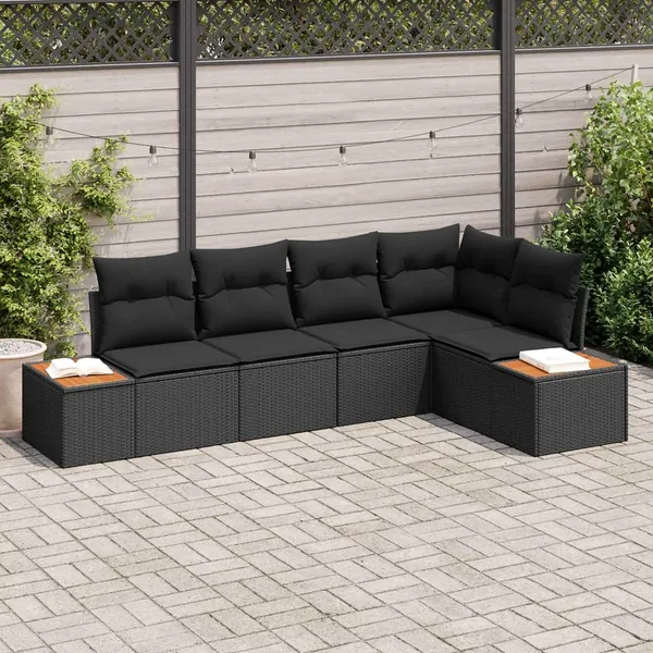 Ensemble de canapé de jardin avec coussin 5 pcs Noir Poly rotin