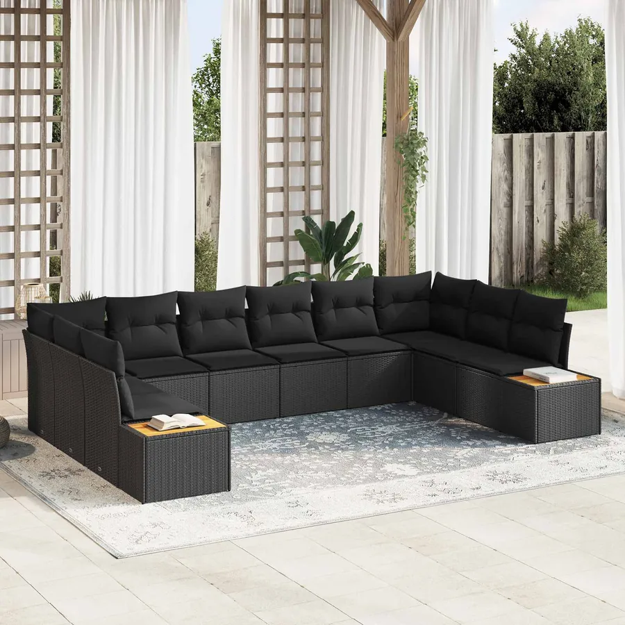 Ensemble de canapé de jardin avec coussin 10 pcs Noir Polyrotin