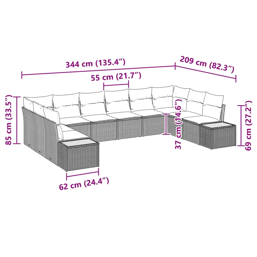 Ensemble de canapé de jardin avec coussin 10 pcs Noir Polyrotin - 12