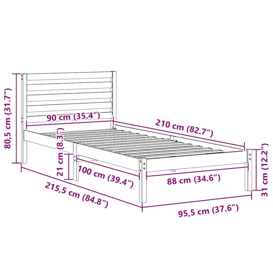 Cadre de lit avec tête de lit Blanc 90 x 210 cm Pin massif - 10