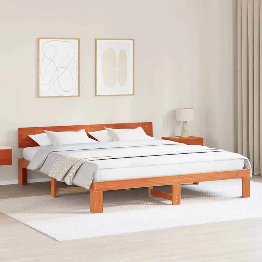 Cadre de lit avec tête de lit Brun cire 180 x 200 cm Pin massif