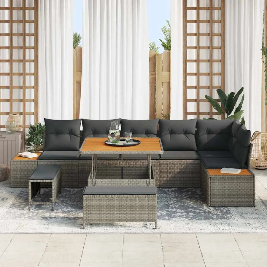 Ensemble de canapé de jardin avec coussin 9 pcs Gris Poly rotin - 3