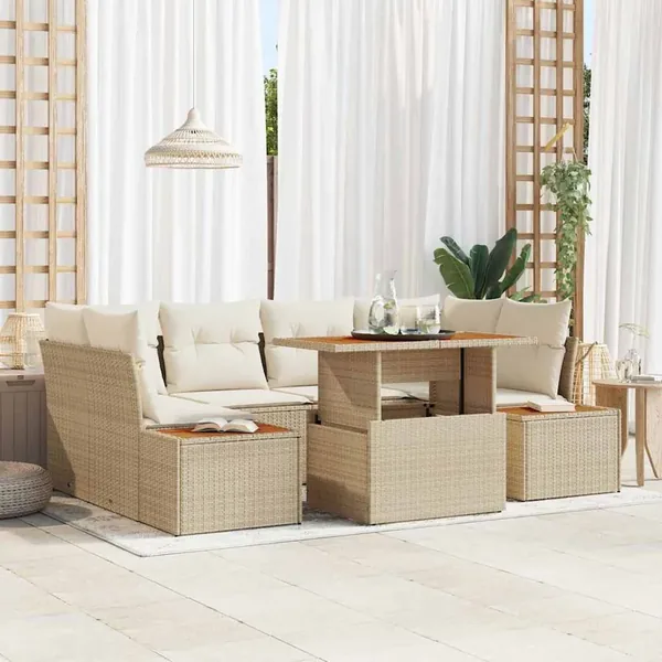 Ensemble de canapé de jardin 7 pcs Beige Poly rotin