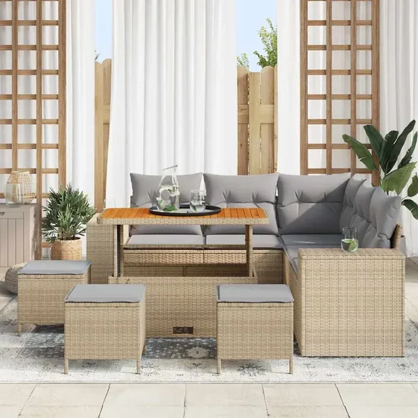Ensemble de canapé de jardin avec coussin 9 pcs Beige polyrotin