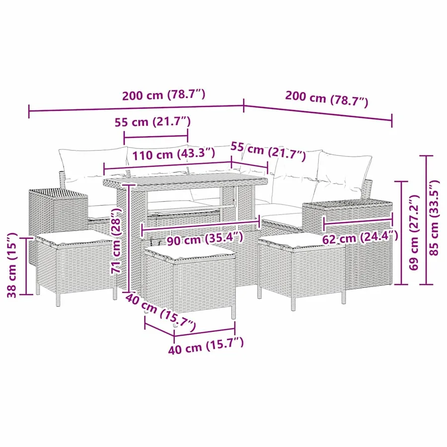 Ensemble de canapé de jardin avec coussin 9 pcs Beige polyrotin - 9