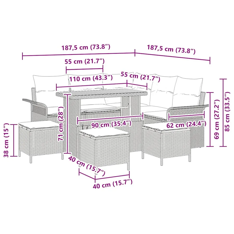 Ensemble de canapé de jardin avec coussin 9 pcs Gris polyrotin - 14