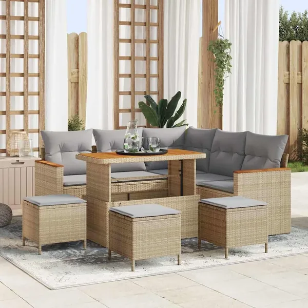 Ensemble de canapé de jardin avec coussin Beige Poly rotin