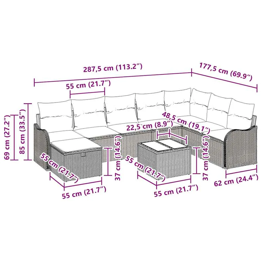 Ensemble de canapé de jardin 9 pcs Beige Poly rotin - 15