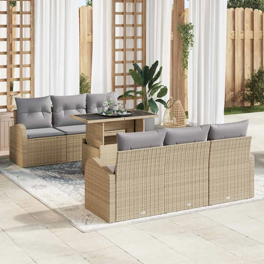 Ensemble de canapé de jardin 7 pcs Beige Poly Rattan