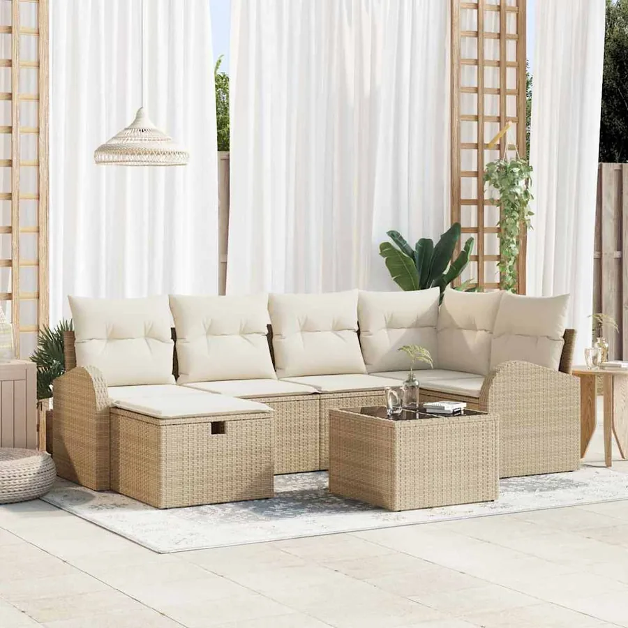 Ensemble de canapé de jardin 7 pcs Beige Poly rotin