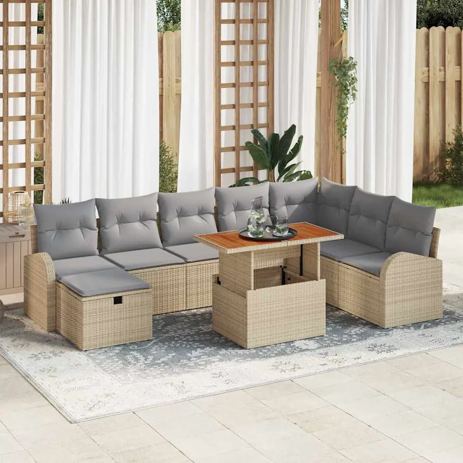 Ensemble de canapé de jardin 9 pcs Beige polyrotin
