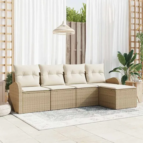 Ensemble de Canapés avec coussin 5 pcs Beige et blanc polyrotin