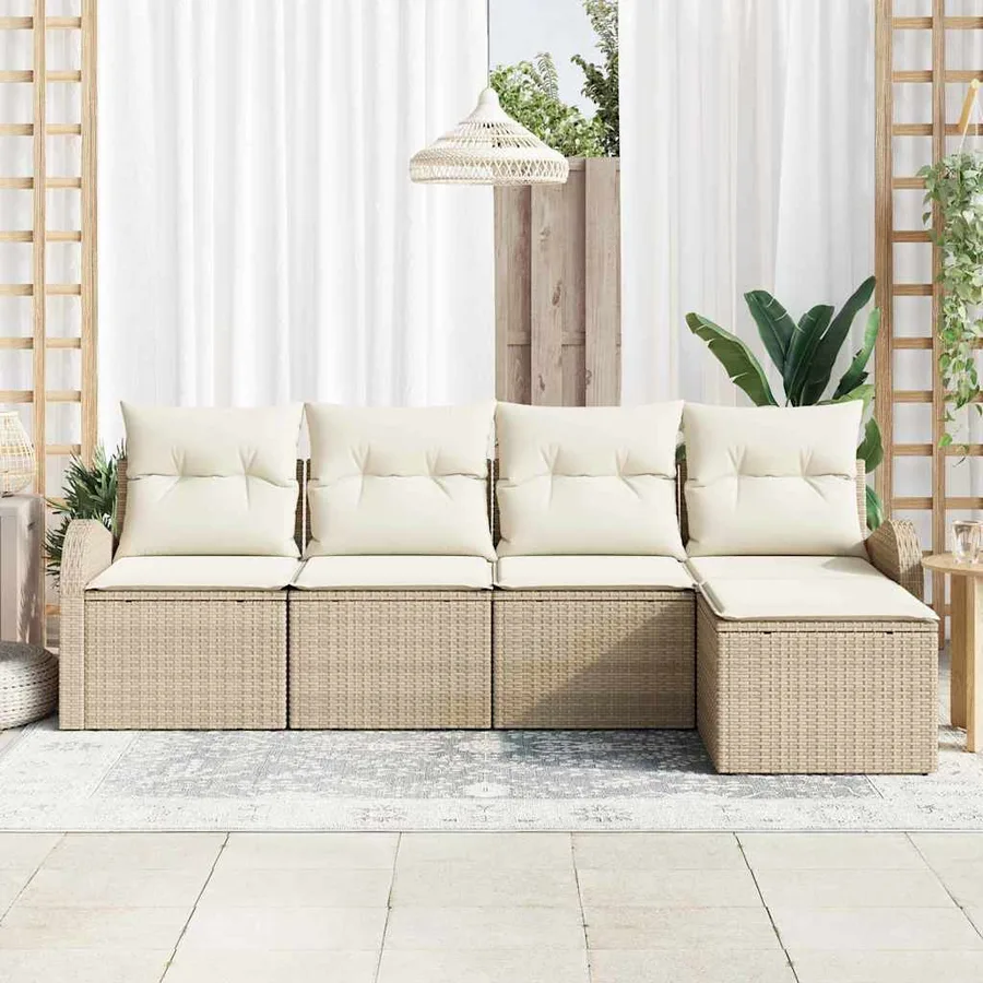 Ensemble de Canapés avec coussin 5 pcs Beige et blanc polyrotin - 3