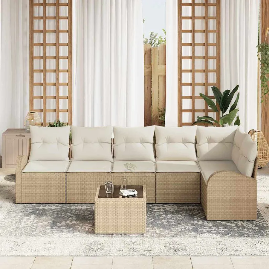 Ensemble de canapé de jardin 7 pcs Beige et blanc polyrotin - 3