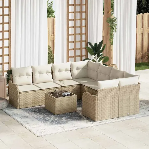 Ensemble de canapé de jardin avec coussin 9 pcs Beige polyrotin