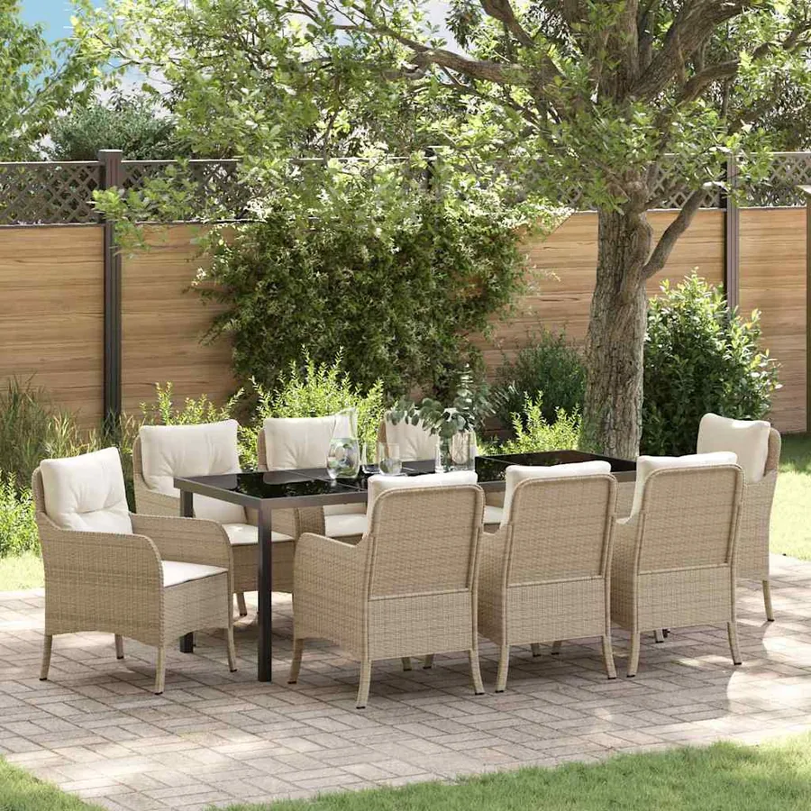 Ensemble de salle à manger pour jardin 9 pcs Beige polyrotin