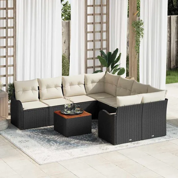 Ensemble de canapé de jardin avec coussin 9 pcs Noir polyrotin