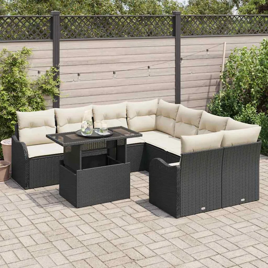 Ensemble de canapé de jardin avec coussin 9 pcs Noir Poly rotin - 3