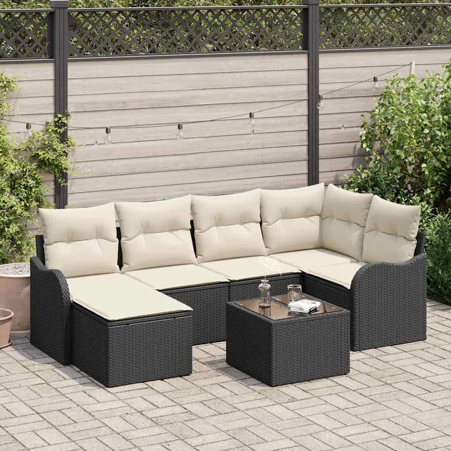 Ensemble de canapé de jardin 7 pcs Noir et blanc Poly rotin