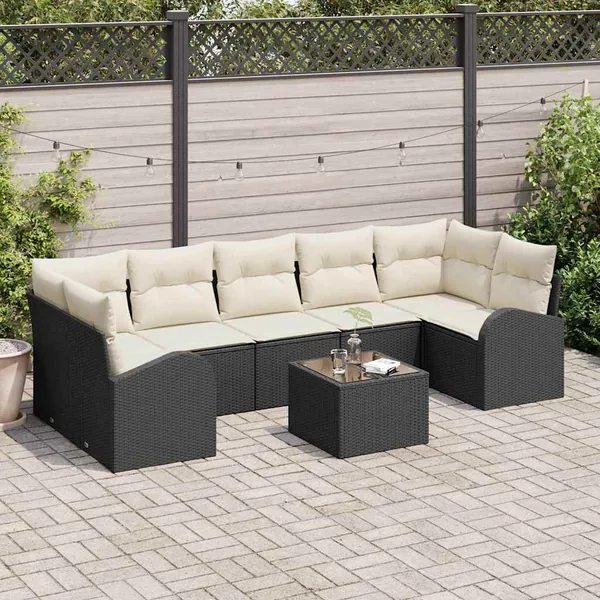 Ensemble de canapé de jardin 8 pcs Noir et Crème polyrotin