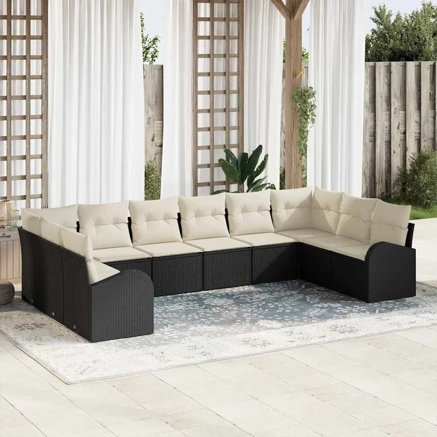 Ensemble de canapé de jardin 10 pcs Noir et Blanc polyrotin