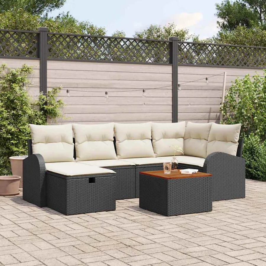 Ensemble de canapé de jardin avec coussin 7 pcs Noir Poly rotin
