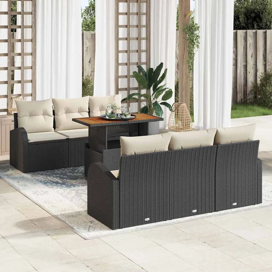 Ensemble de canapé de jardin 7 pcs Noir Poly rotin