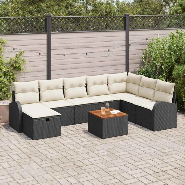 Ensemble de canapé de jardin avec coussin 9 pcs Noir Poly rotin