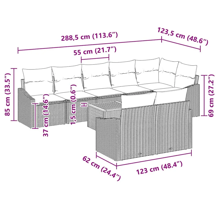 Ensemble de canapé de jardin avec coussin 9 pcs Beige polyrotin - 9