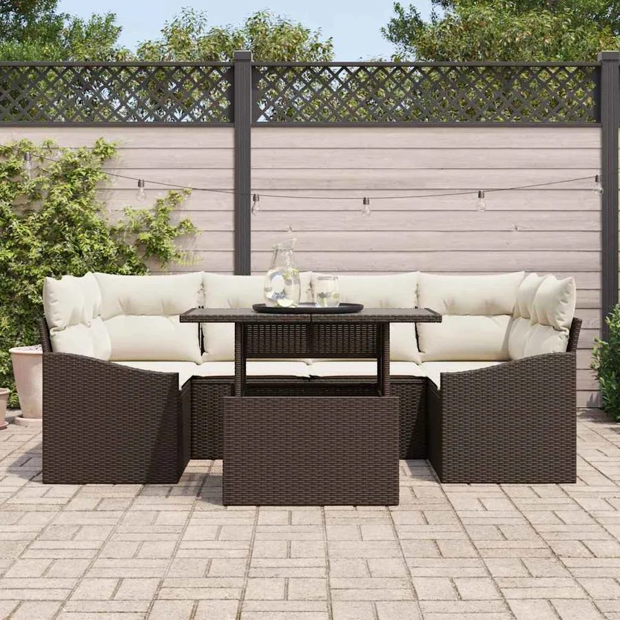 Ensemble de canapé de jardin 7 pcs Marron et Crème polyrotin - 3