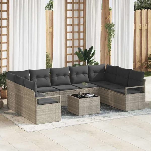Ensemble de Canapés avec coussin 10 pcs Gris clair polyrotin