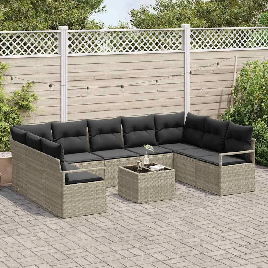 Ensemble de Canapés avec coussin 10 pcs Gris clair polyrotin - 3