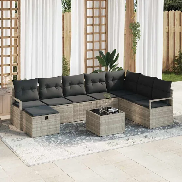 Ensemble de Canapés avec coussin 9 pcs Gris clair polyrotin