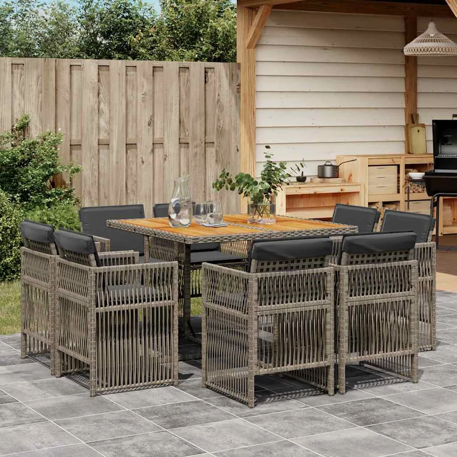 Ensemble à manger de jardin 9 pcs coussins gris résine tressée