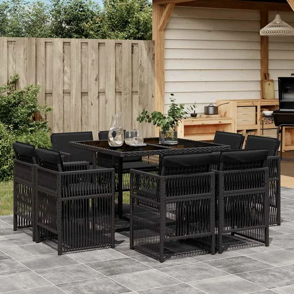 Ensemble à manger de jardin 9pcs coussins noir résine tressée