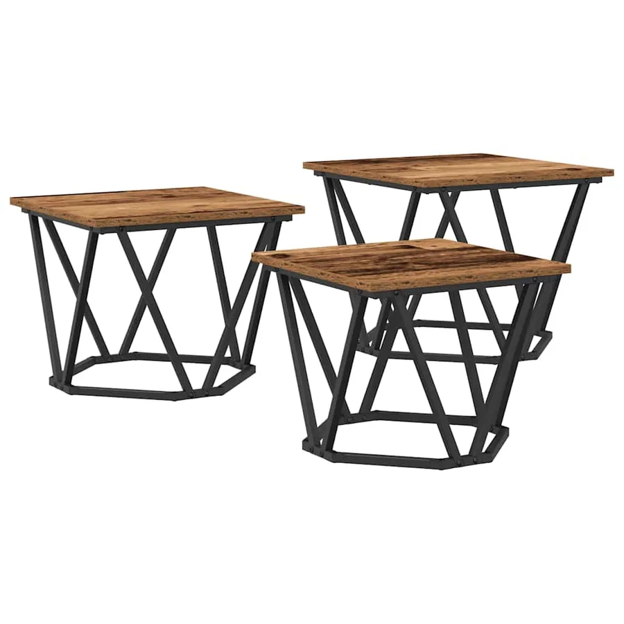 Table basse 3 pcs Bois Ancien Bois d'ingénierie et acier - 2