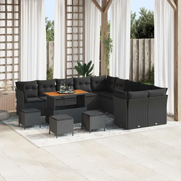 Ensemble de canapé de jardin 14 pcs Noir polyrotin