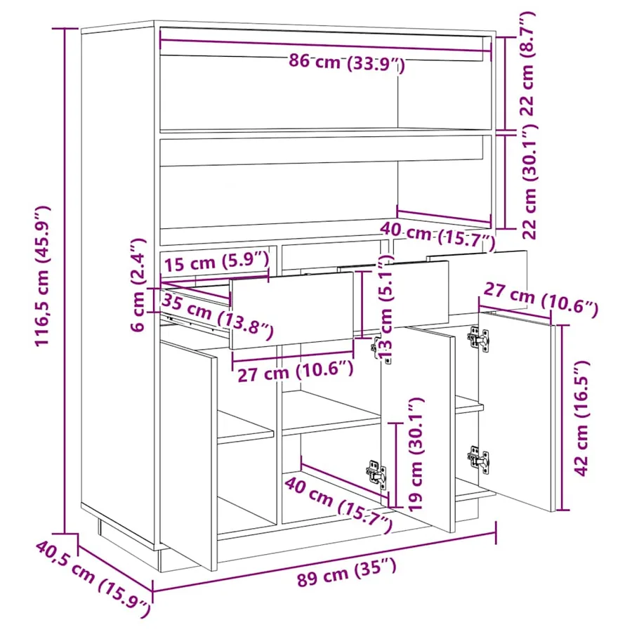 Buffet haut Marron miel 89x40x116,5 cm Bois massif de pin - 9