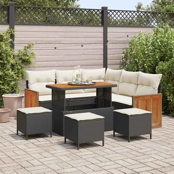 Ensemble de canapé de jardin 9 pcs Noir et Crème polyrotin