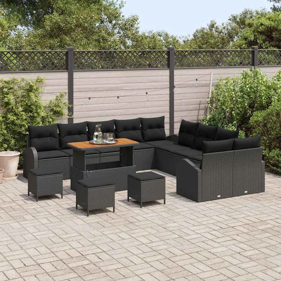 Ensemble de canapé de jardin avec coussin 14 pcs Noir polyrotin - 3