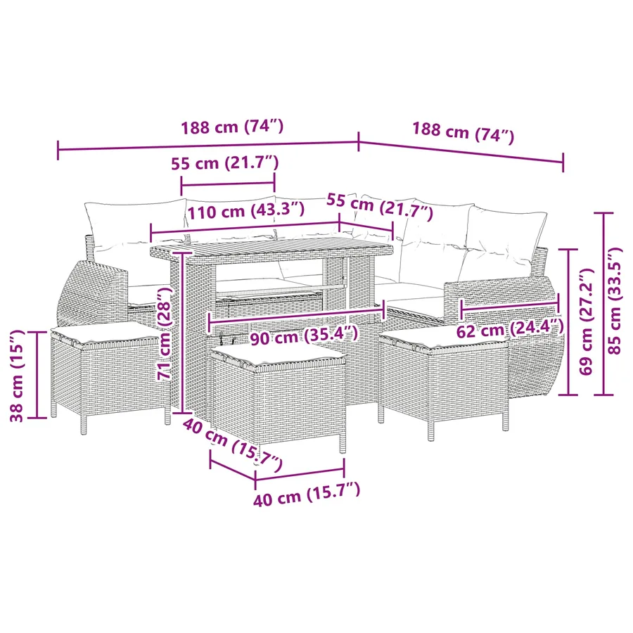 Ensemble de canapé de jardin 9 pcs Noir polyrotin - 14