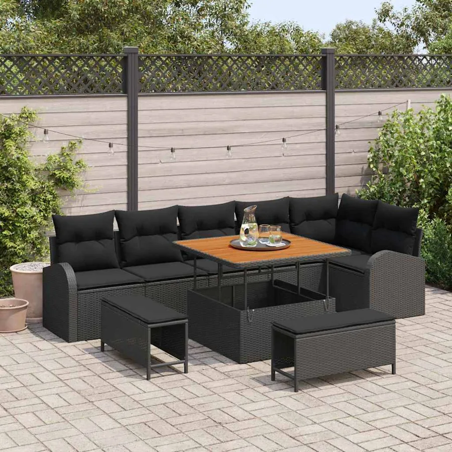 Ensemble de canapé de jardin avec coussin 9 pcs Noir polyrotin