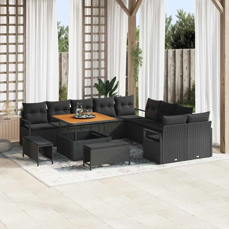 Ensemble de canapé de jardin avec coussin 13 pcs Noir polyrotin