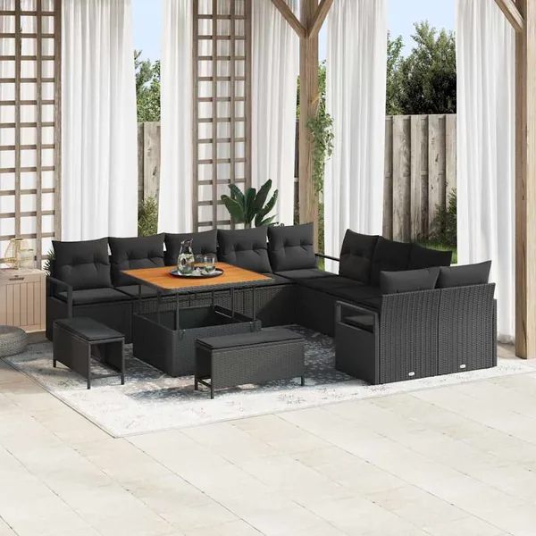Ensemble de canapé de jardin avec coussin 13 pcs Noir polyrotin