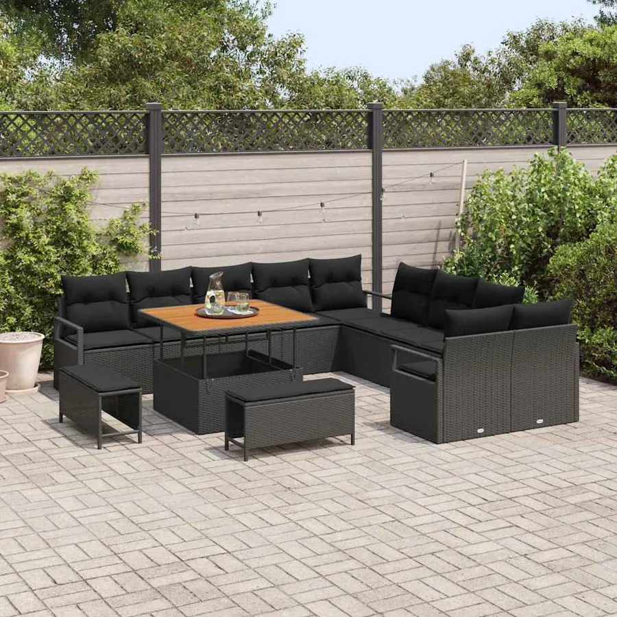 Ensemble de canapé de jardin avec coussin 13 pcs Noir polyrotin - 3