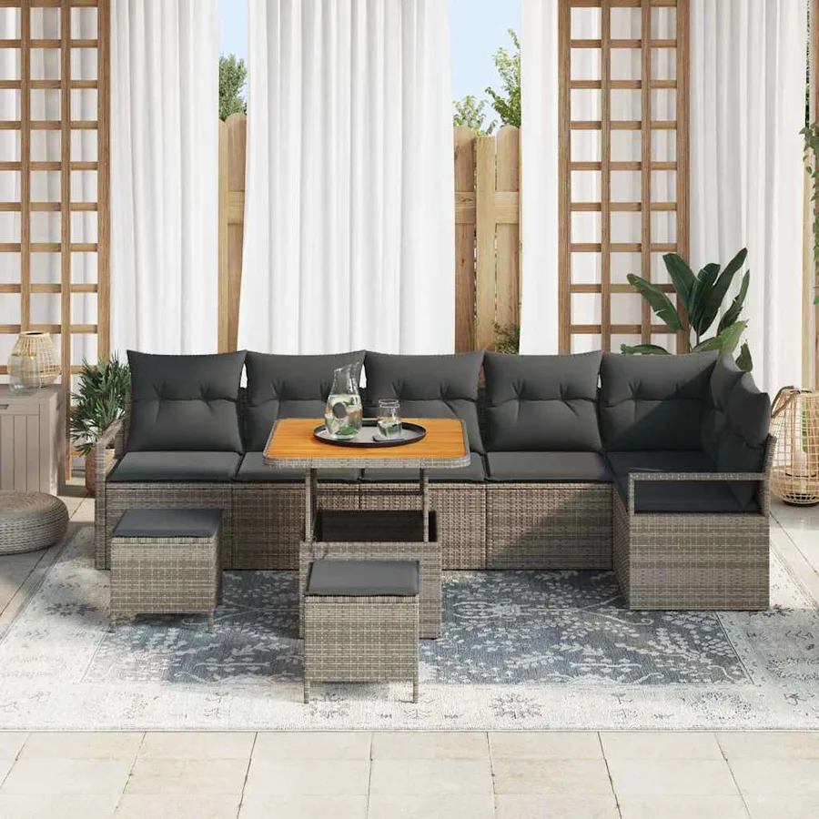Ensemble de canapé de jardin avec coussin 9 pcs Gris Poly rotin - 3