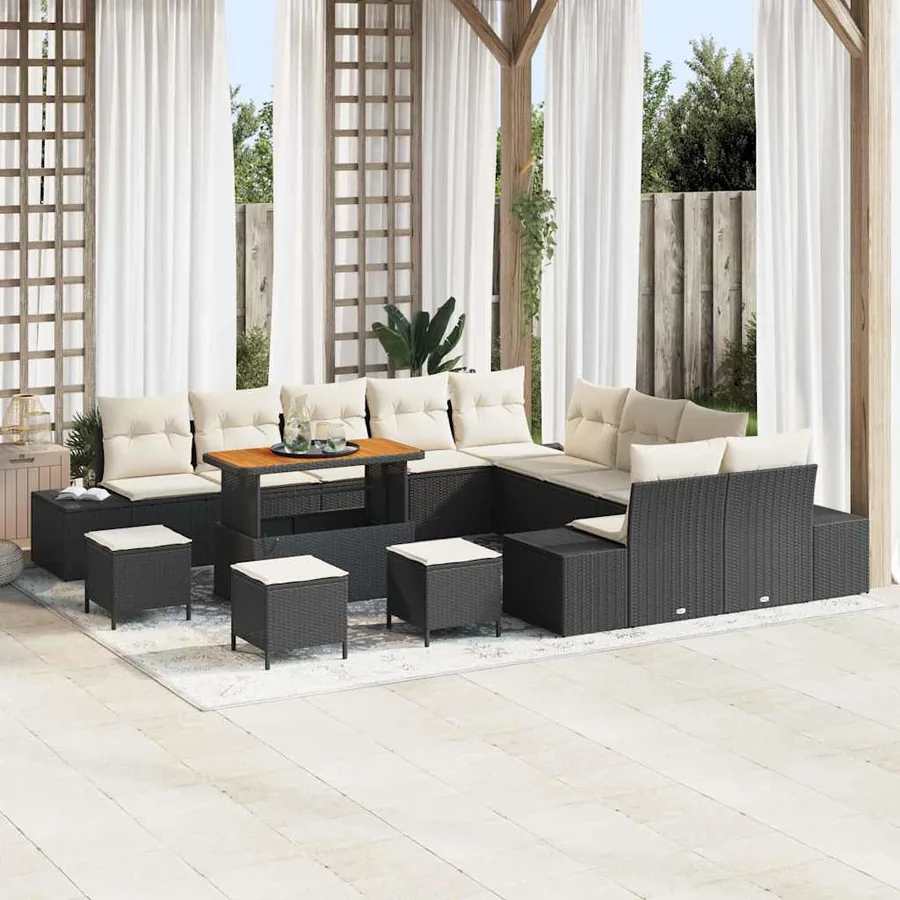 Ensemble de canapé de jardin avec coussin 14 pcs Noir polyrotin