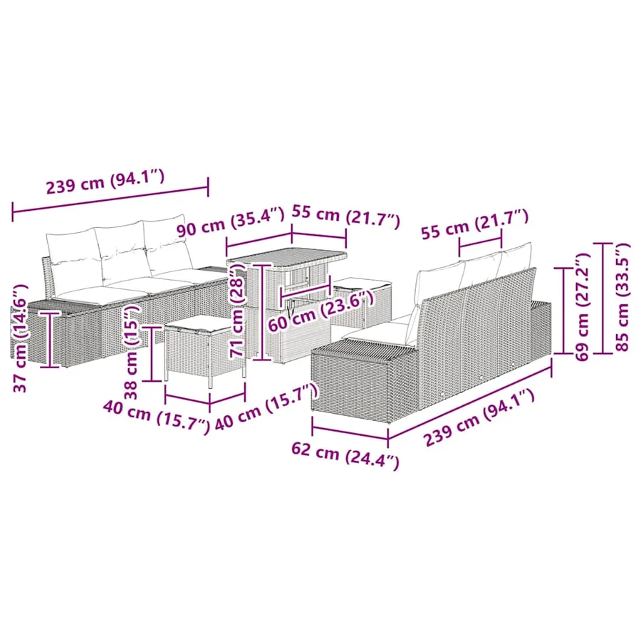 Ensemble de canapé de jardin avec coussin 9 pcs Beige polyrotin - 9