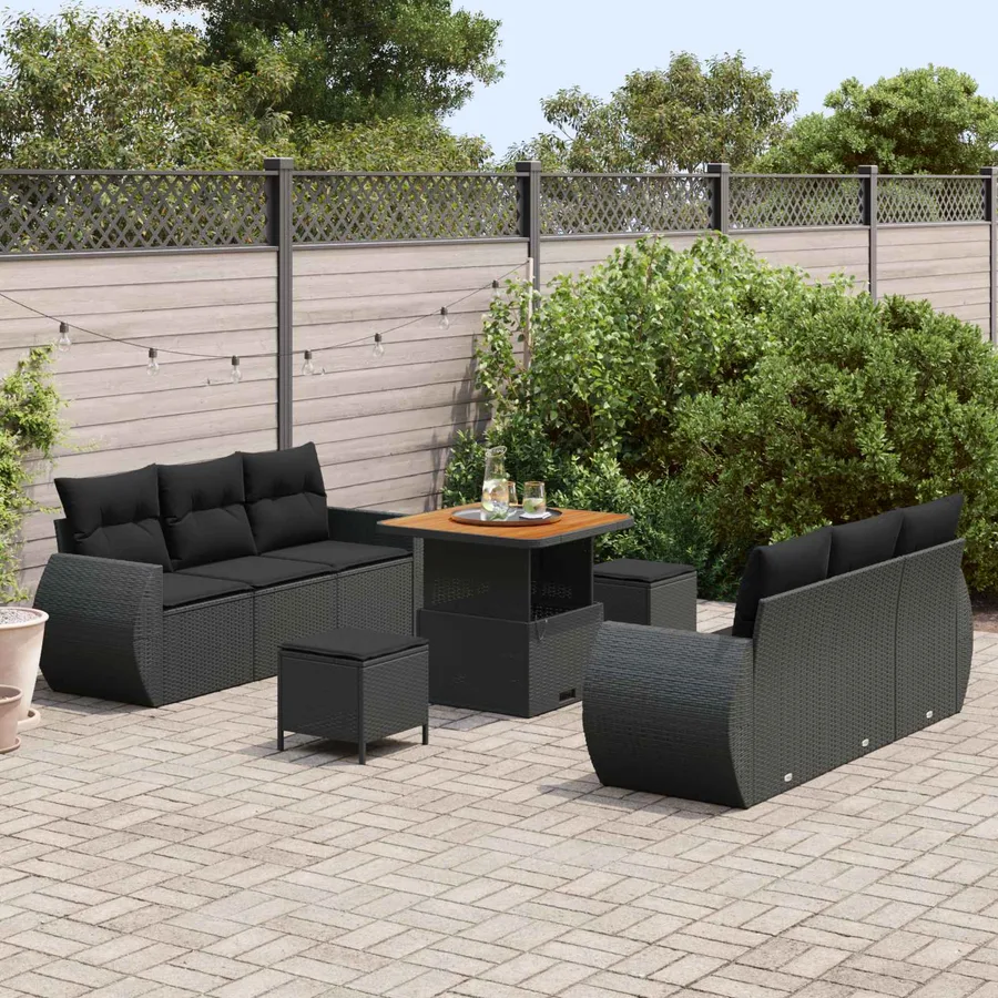 Ensemble de canapé de jardin avec coussin 9 pcs Noir polyrotin - 3
